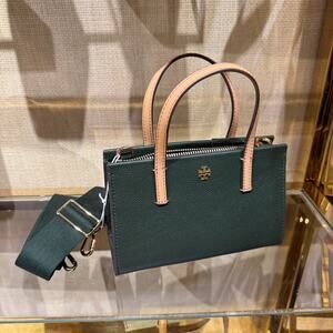 Best Price‼️Tory Burch Blake Plaid Mini Tote 177135 Basil Pebbled Leather $300